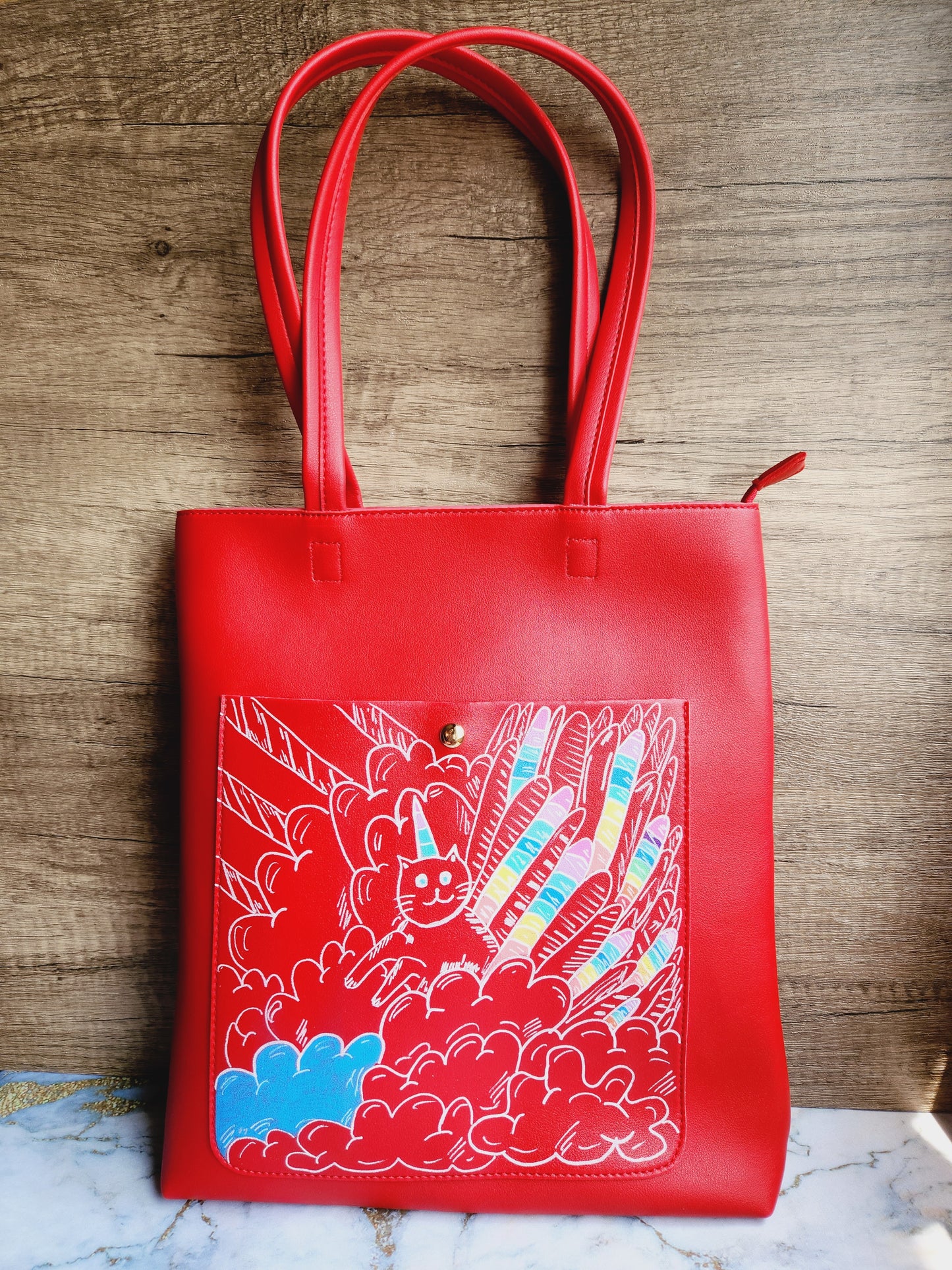 Painted red tote bag