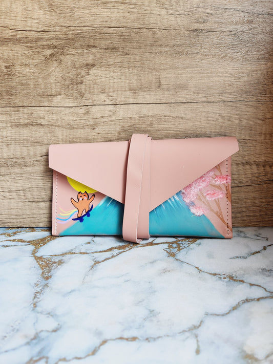 Painted handmade blush pink leather foldover pouch