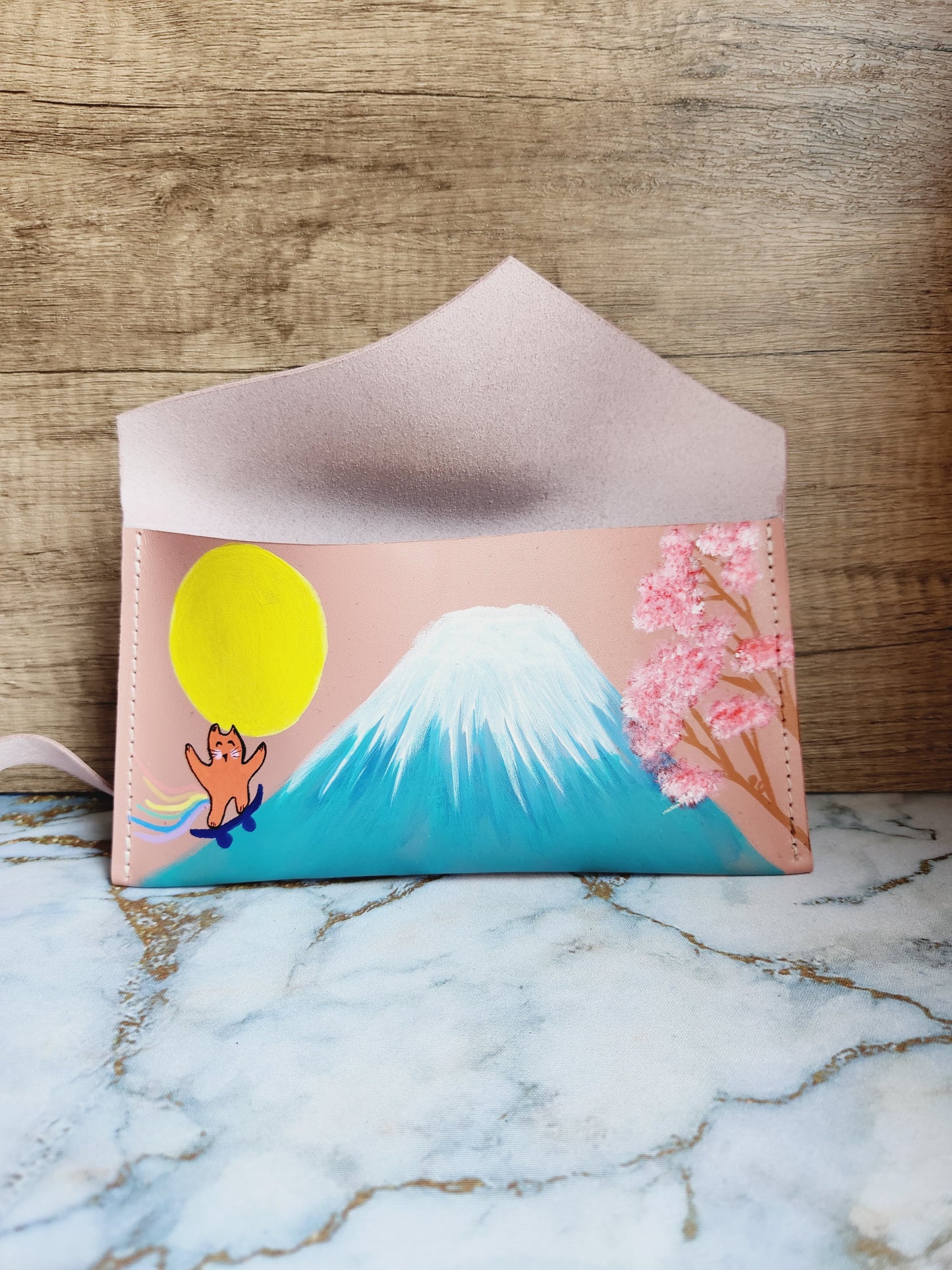 Painted handmade blush pink leather foldover pouch