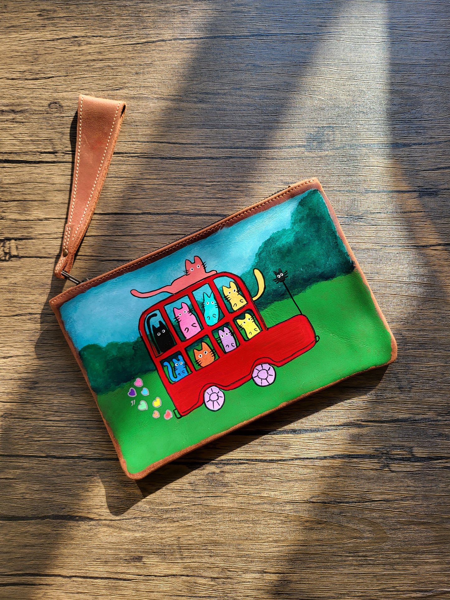 Painted Leather Pouch/ Wristlet- A bus full of cats!