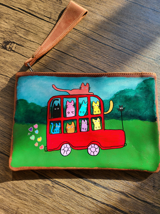 Painted Leather Pouch/ Wristlet- A bus full of cats!