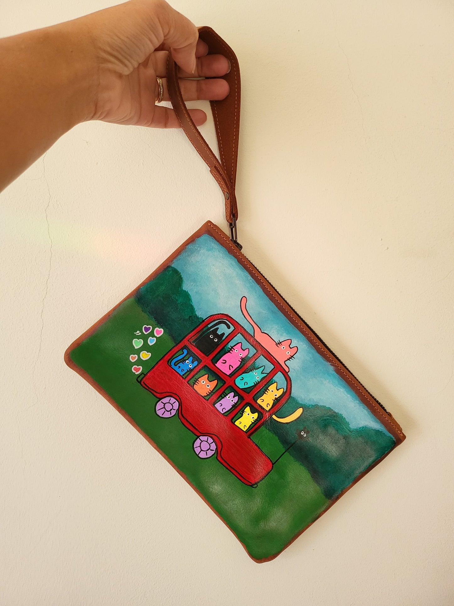 Painted Leather Pouch/ Wristlet- A bus full of cats!