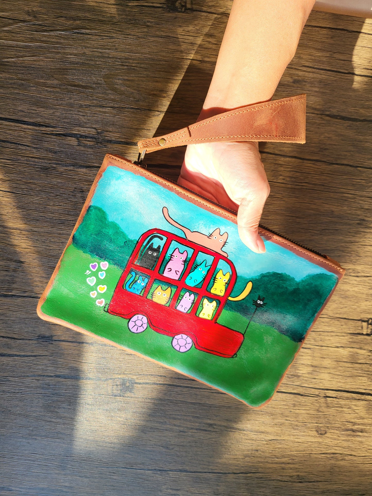 Painted Leather Pouch/ Wristlet- A bus full of cats!