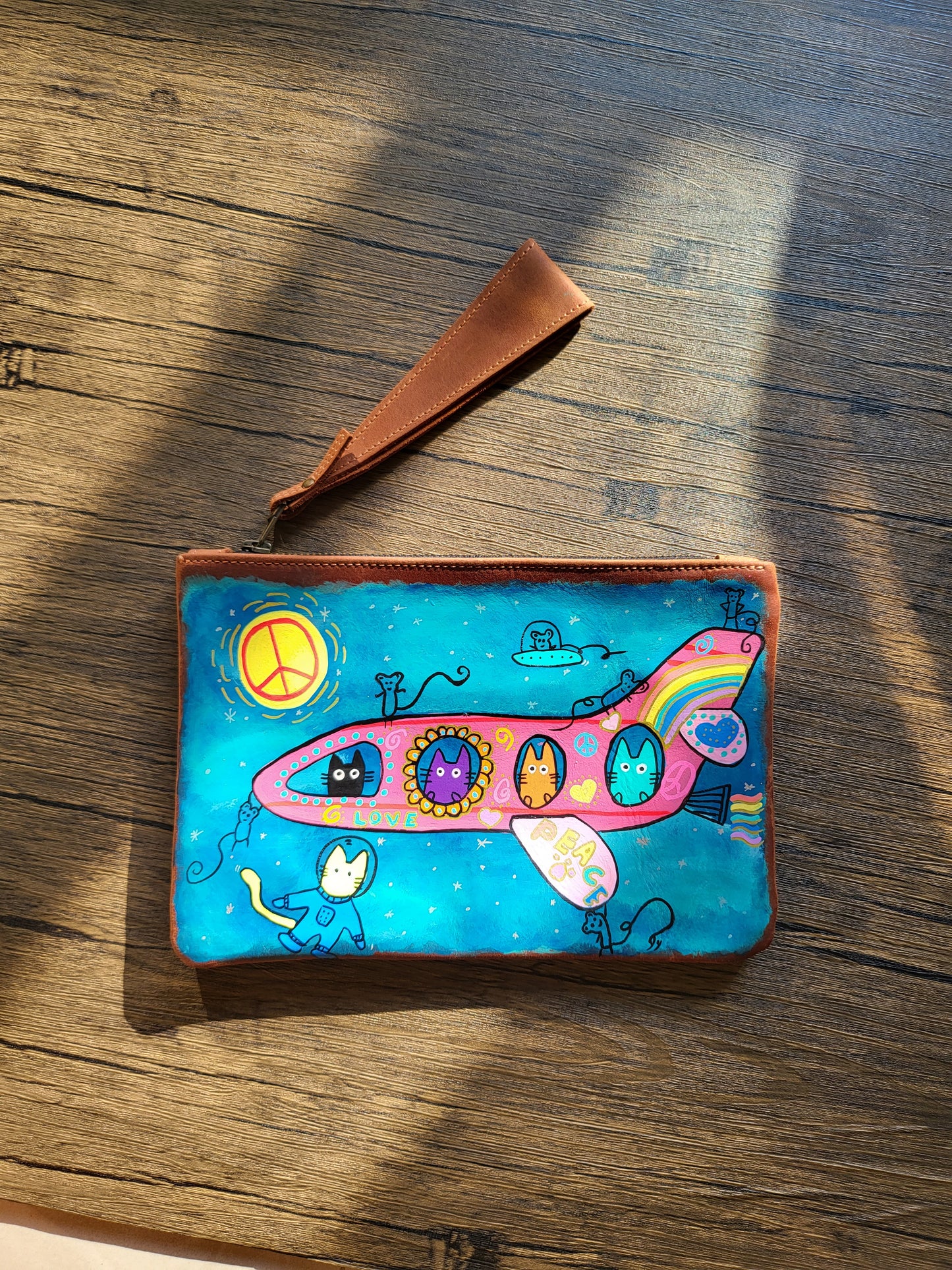 Painted Leather Pouch/ Wristlet- A peaceful plane full of cats!