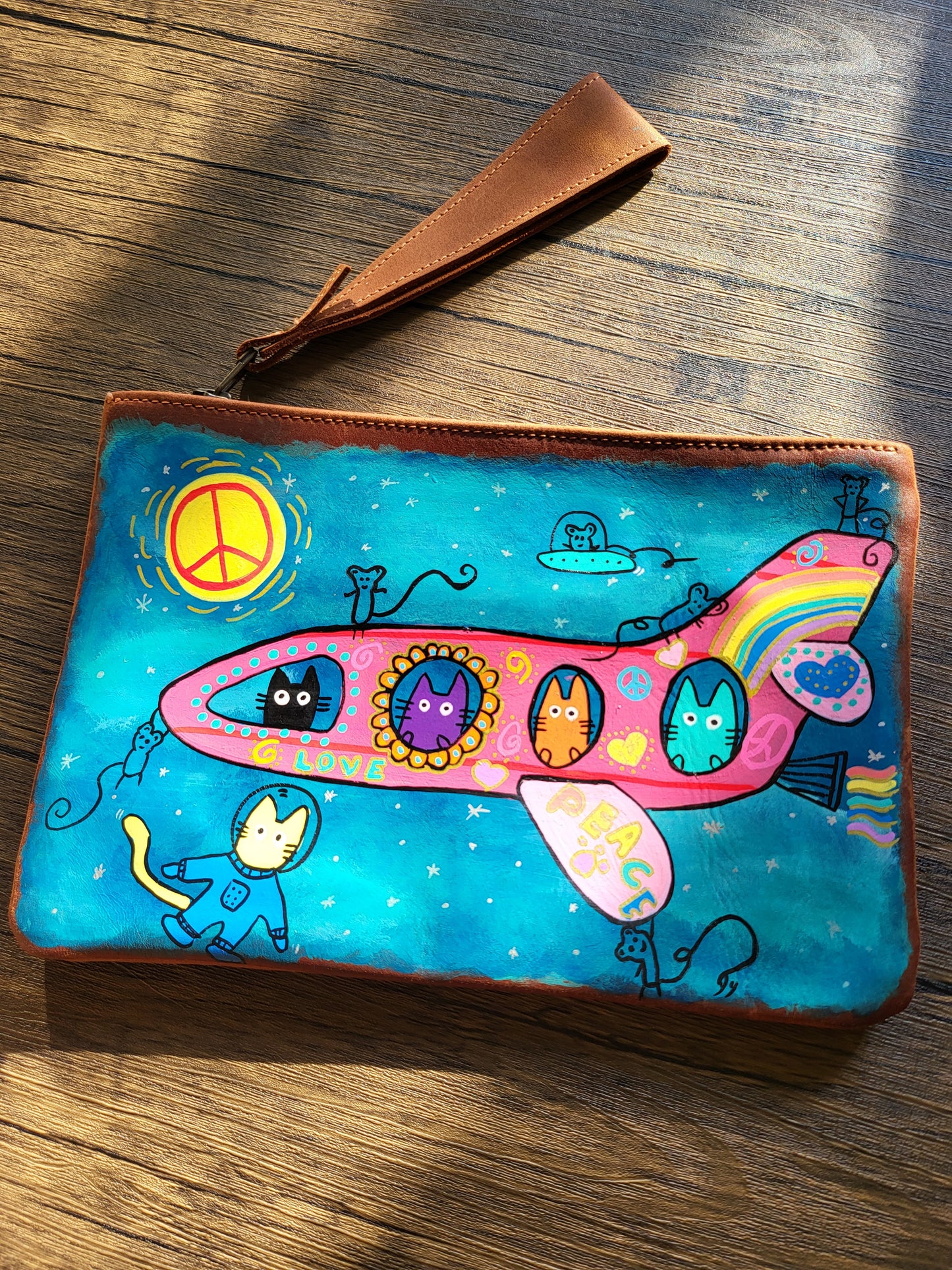 Painted Leather Pouch/ Wristlet- A peaceful plane full of cats!