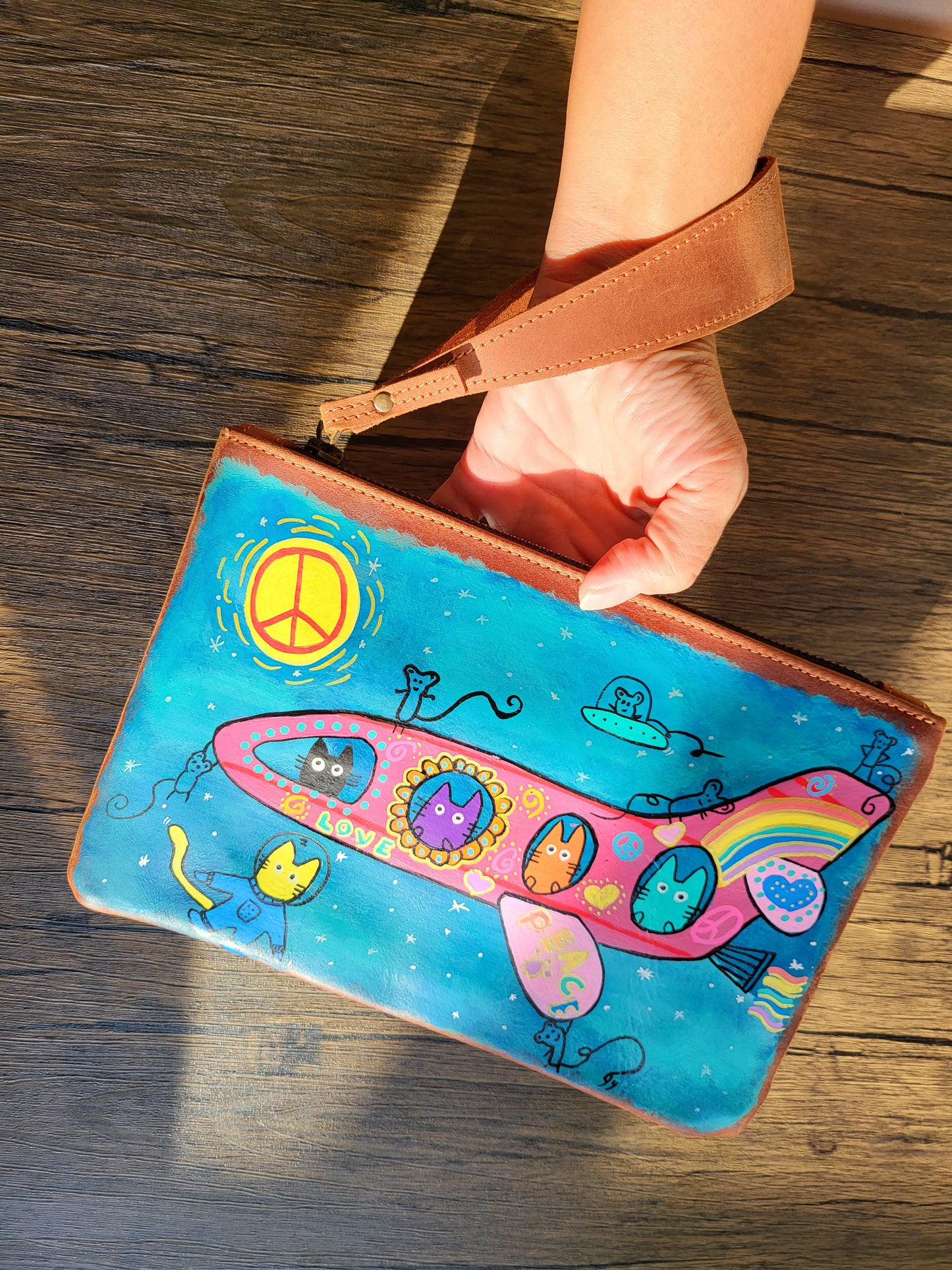 Painted Leather Pouch/ Wristlet- A peaceful plane full of cats!