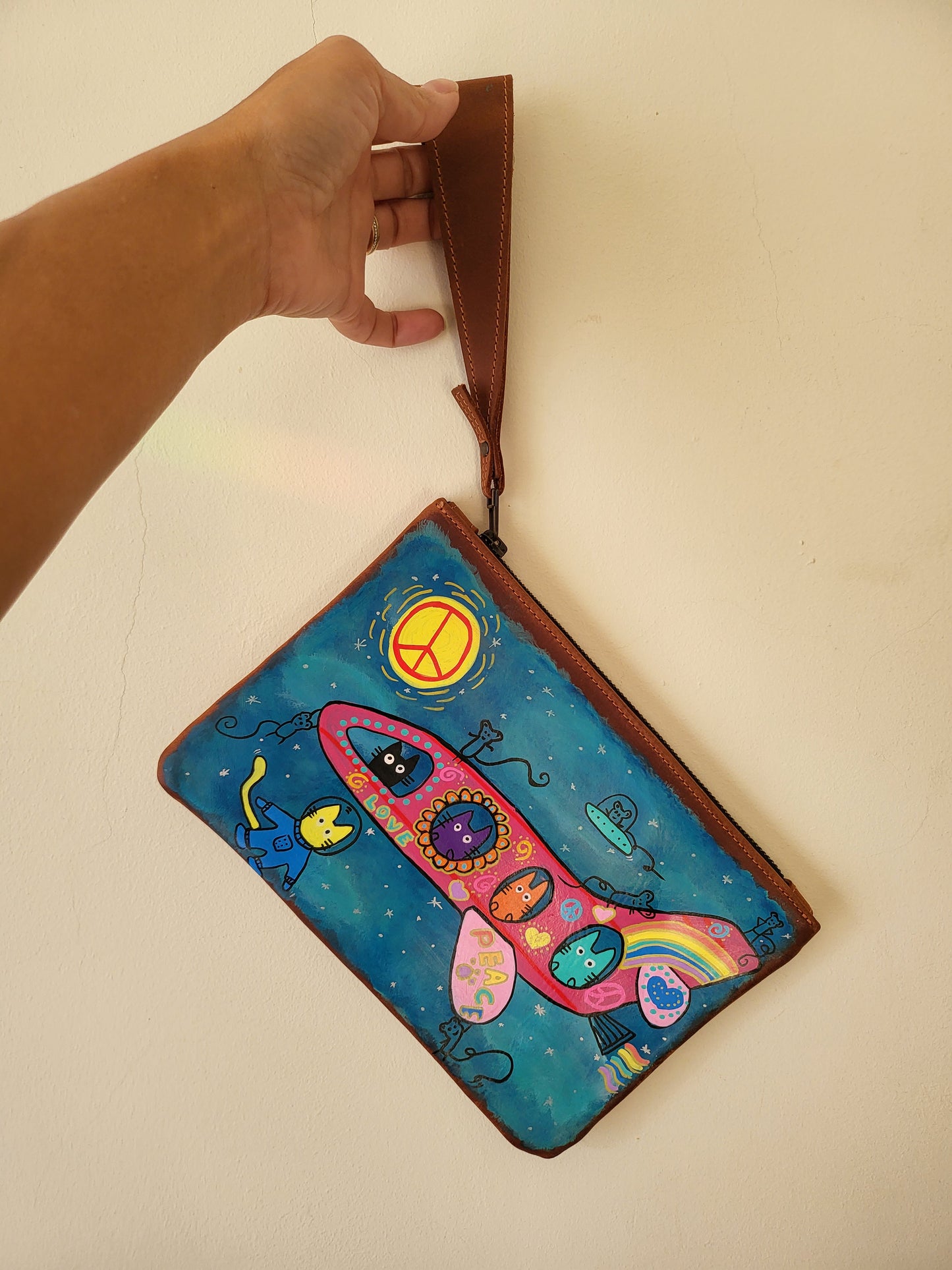 Painted Leather Pouch/ Wristlet- A peaceful plane full of cats!