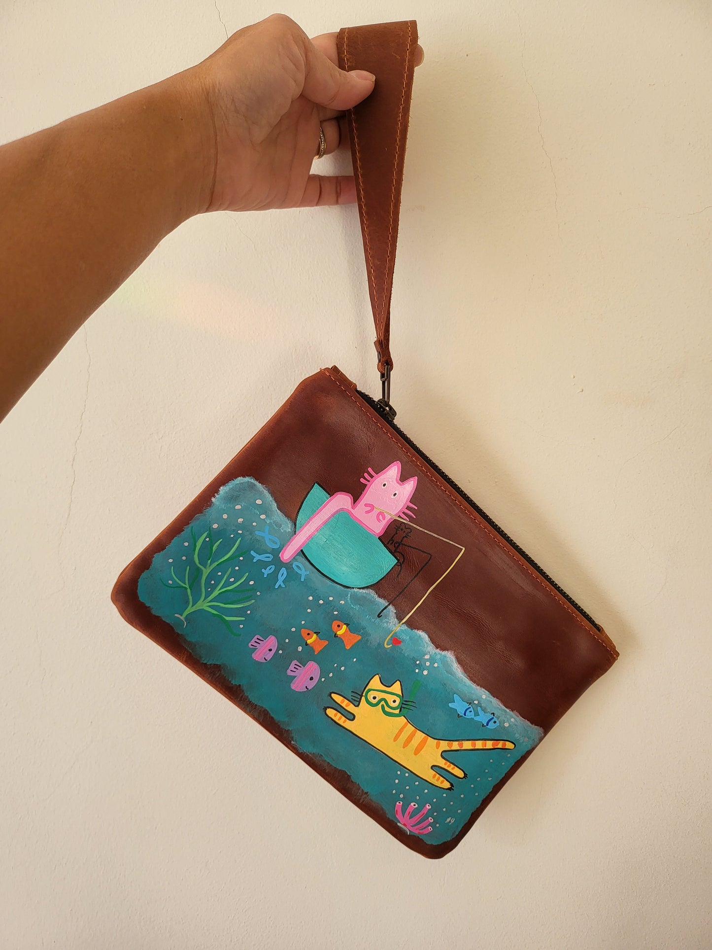 Painted Leather Pouch/ Wristlet- Fishing and snorkeling cats