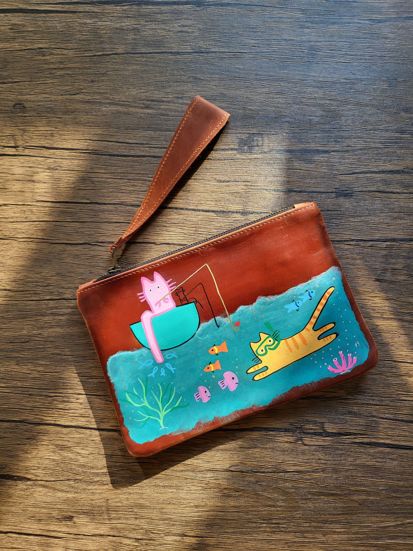 Painted Leather Pouch/ Wristlet- Fishing and snorkeling cats