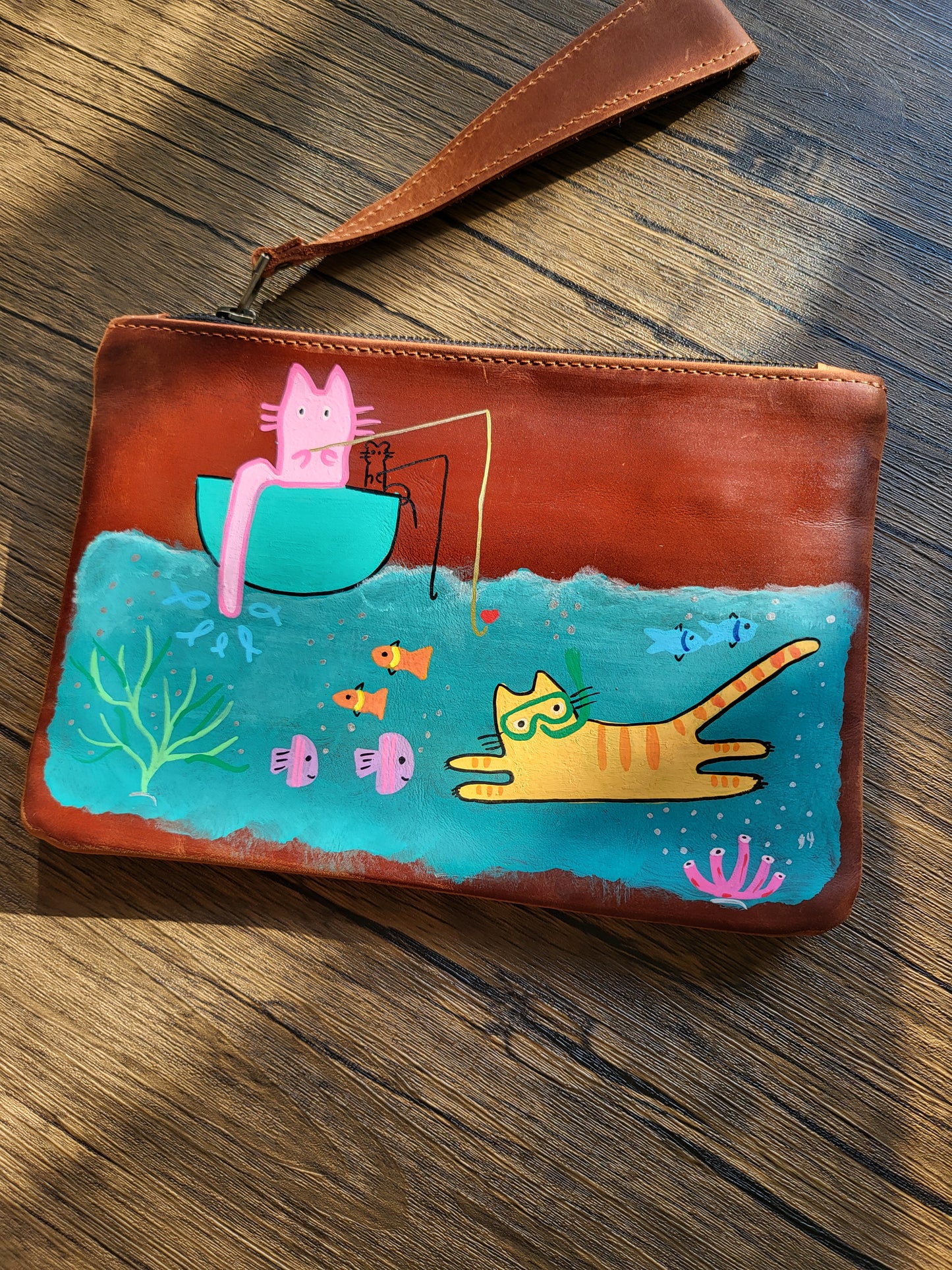 Painted Leather Pouch/ Wristlet- Fishing and snorkeling cats