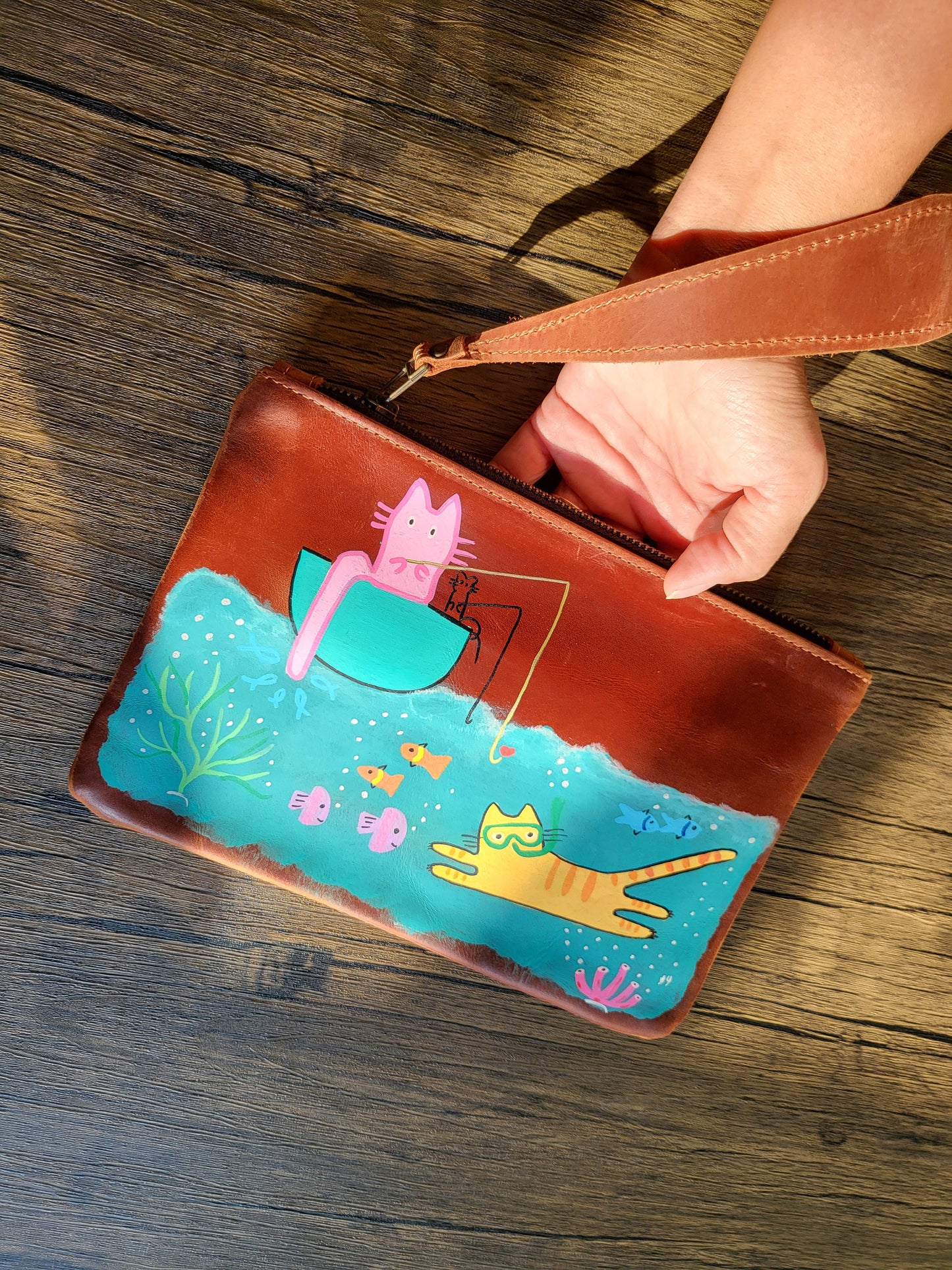 Painted Leather Pouch/ Wristlet- Fishing and snorkeling cats