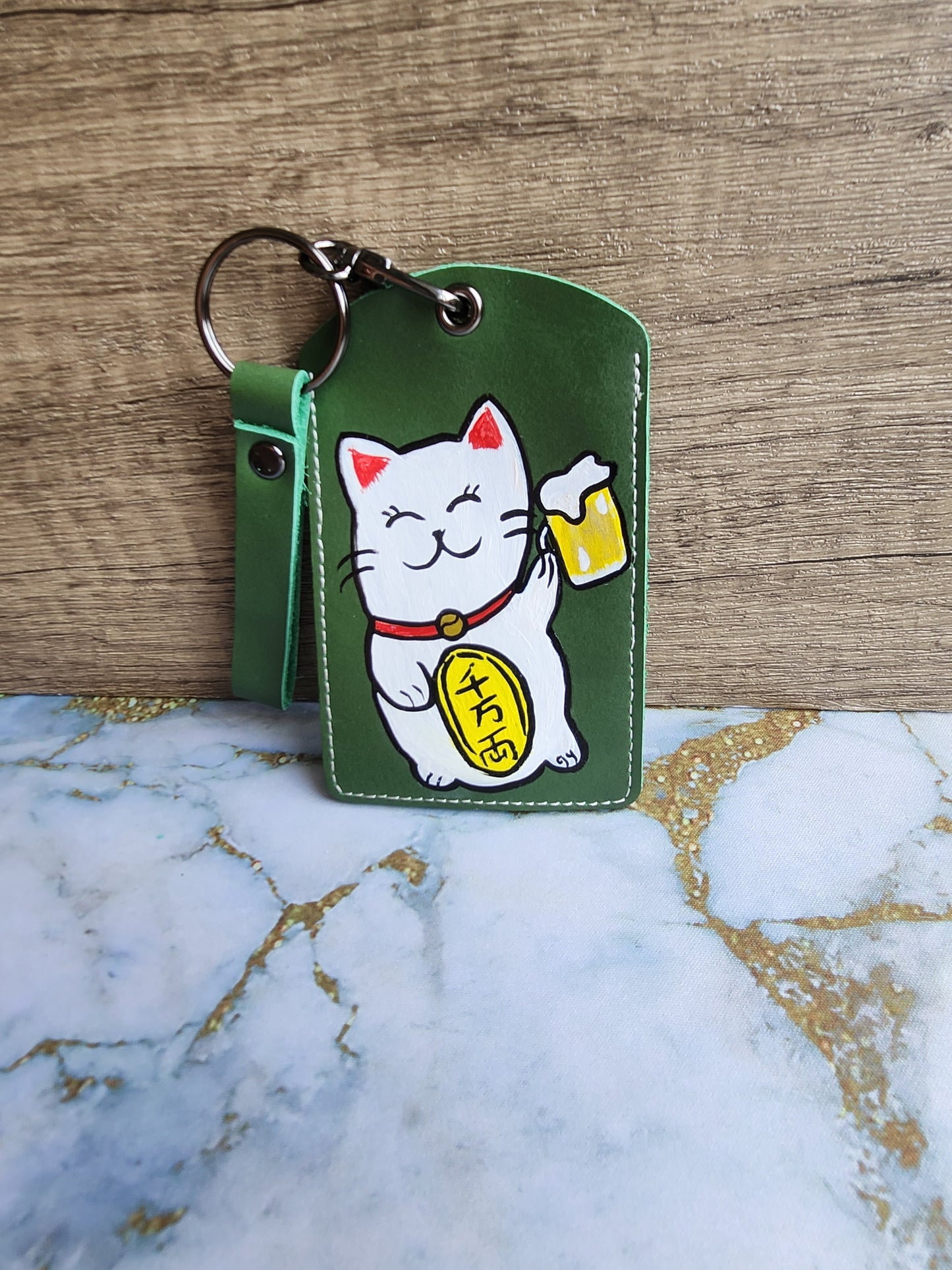 Green Fortune Maneki Beer Neko Lanyard Card Holder