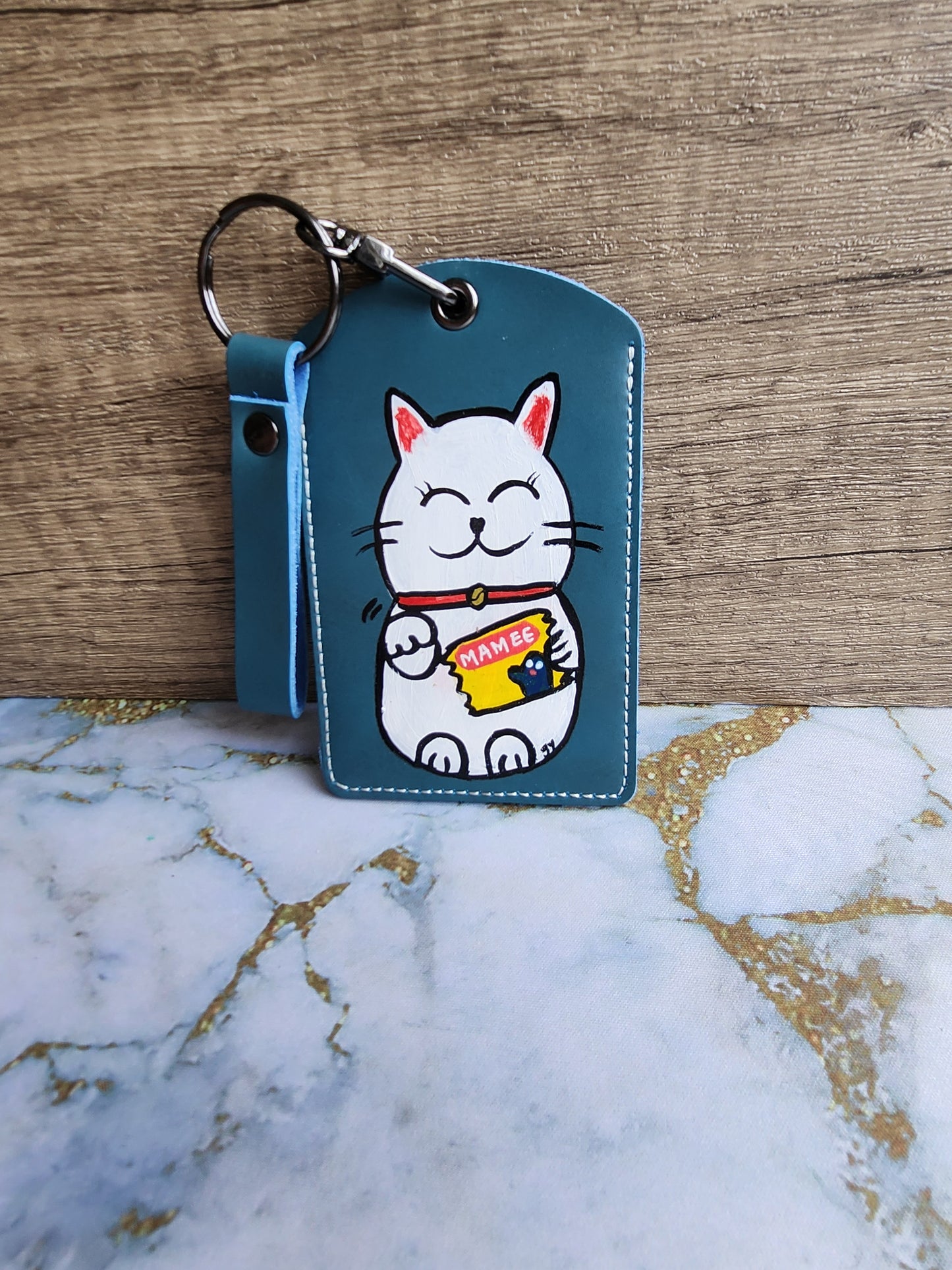 Blue Fortune Maneki Mamee Neko Lanyard Card Holder