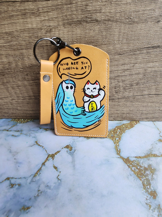 Yellow Fortune Maneki Neko and Unicorn Merlion Lanyard Card Holder